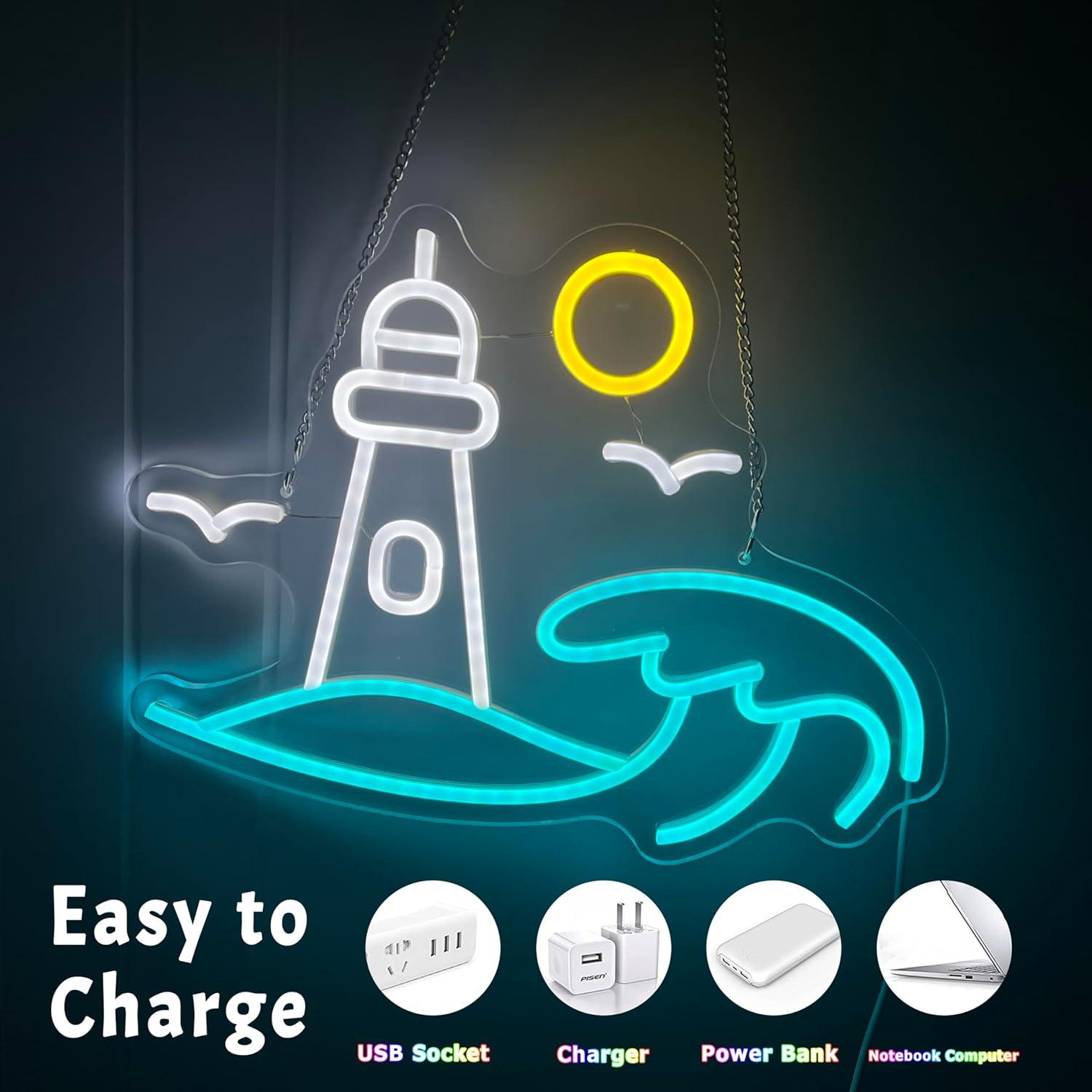 Lighthouse Scene Neon Sign Sea - Neon Sign Party 评论和价格